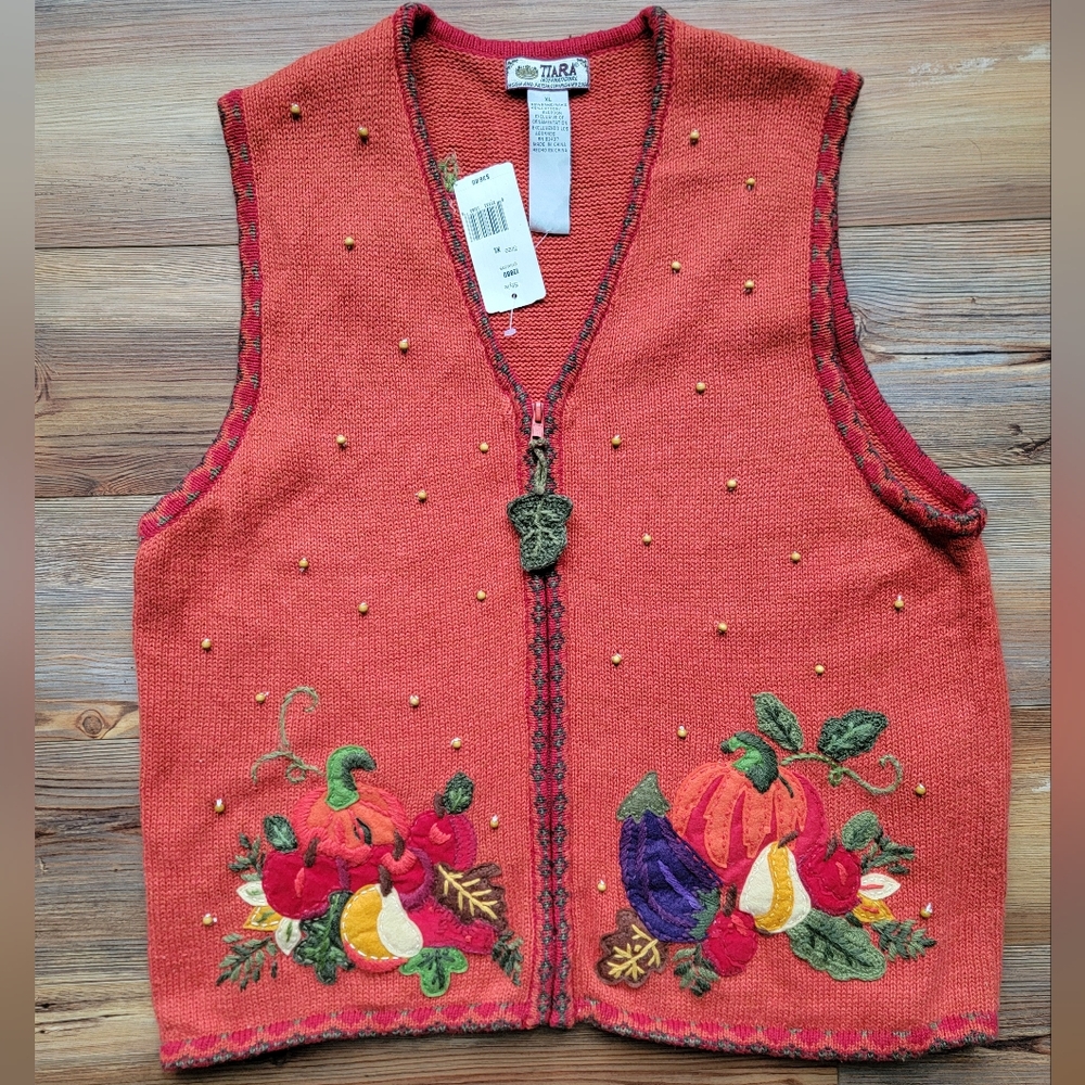 Women’s XL Orange Fall Vest NWT Vintage Harvest Embellished Sweater with Zip